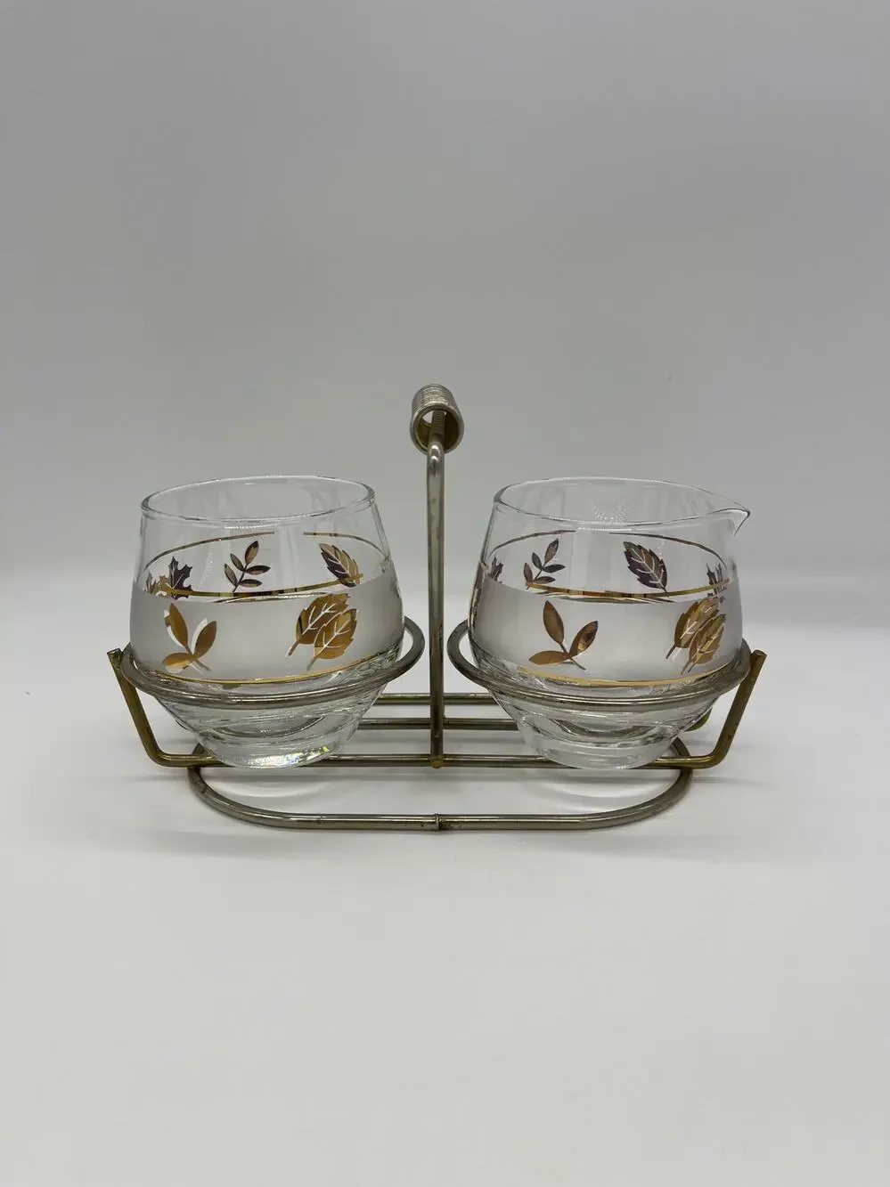 Vintage MCM Libbey Glass Golden Foliage Creamer & Sugar Gold Leaves Carrier 436
